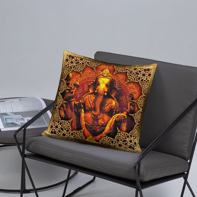 Devarshy Indica Magnifica Golden Ganesha Printed  Square Throw Pillow PF - 111C2