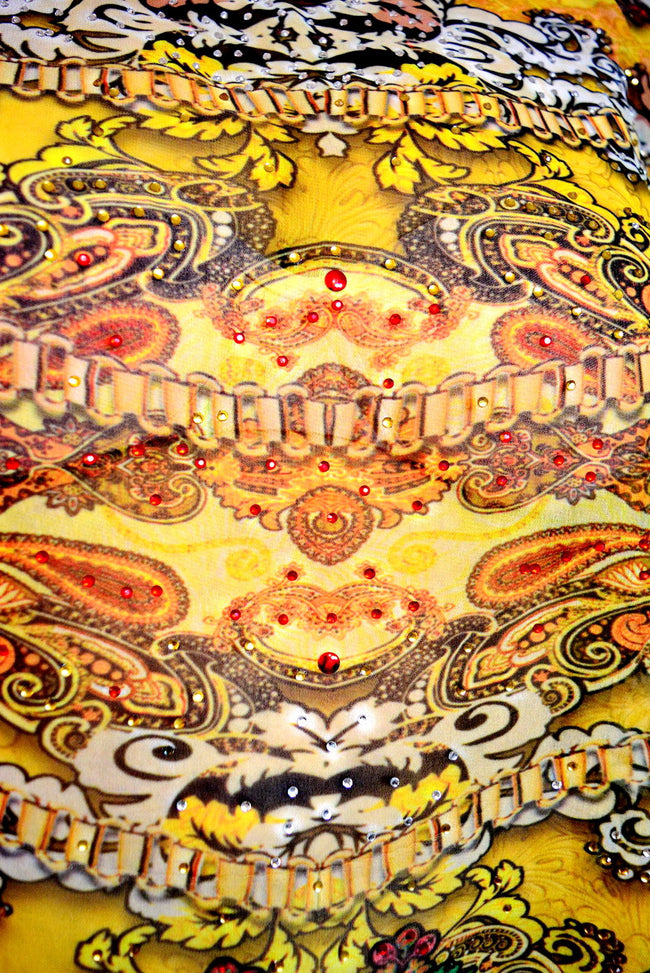 Aurum 79 Yellow Bohemian Florals Devarshy Crystals Embellished Short Kaftan