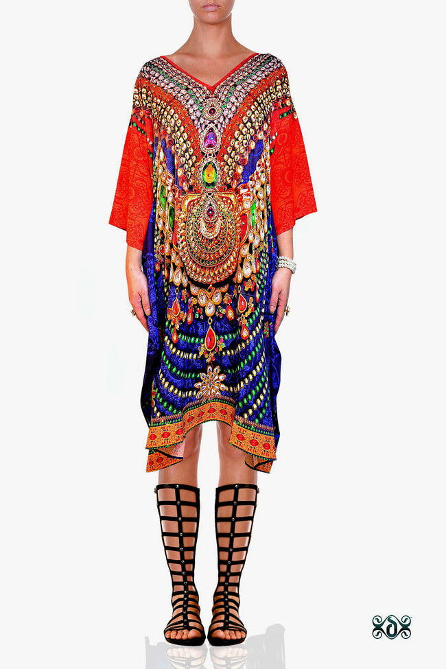 Devarshy Designer Regal Decorative Short Embellished Pure Silk Kaftan - Blue Orange , Apparel - DEVARSHY, DEVARSHY
 - 1