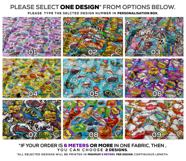 COMIC Apparel Fabric 3Meters+, 9 Designs | 8 Fabrics Option | Cartoon Fabric By the Yard | 025
