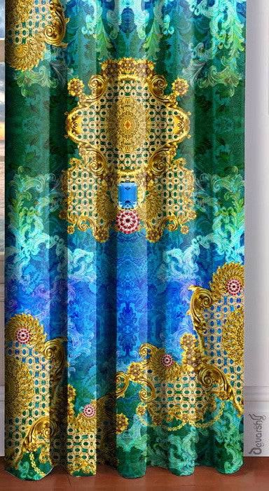 BAROQUE Ornate Green Heavy Curtain Panels, 2 Fabrics- 1025B.