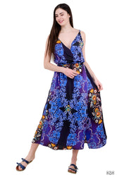 Blue Florals Cotton Dress, Long Wrap Dress, Summer Wear, Pockets Dress.