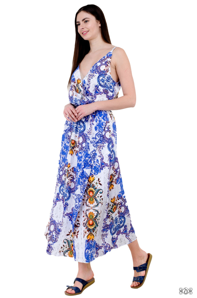 Blue Florals Long Wrap Dress, Pure Cotton Dress, Long Straps Dress, Pocket Dress,