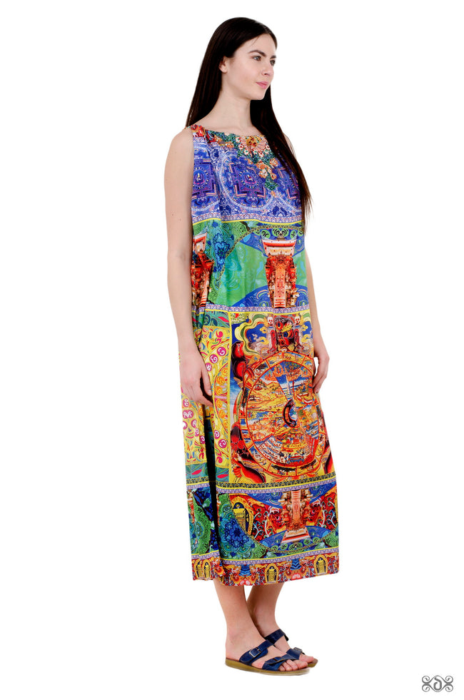 Devarshy Tibetan Thangka Digital Printed Long Drawstring Dress -  1064C