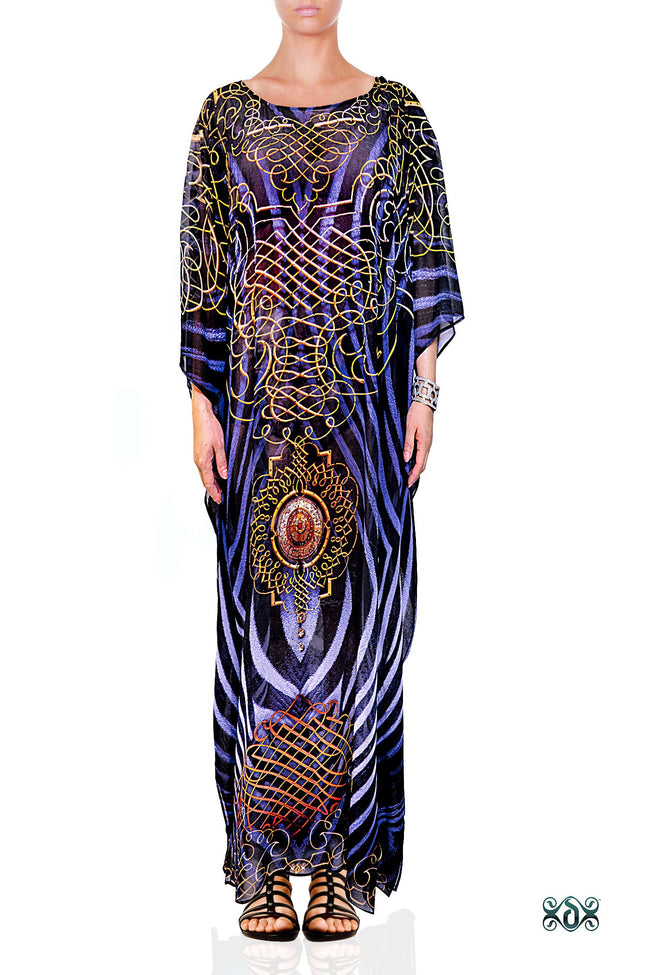 Devarshy Blue & Black Stripes Digital Print Long Embellished Designer Kaftan - 1036 B , Apparel - DEVARSHY, DEVARSHY
 - 1