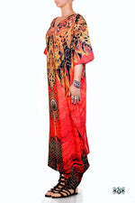Devarshy Red Feather Decorative Digital print Long Embellished Kaftan - 1038 A , Apparel - DEVARSHY, DEVARSHY
 - 2