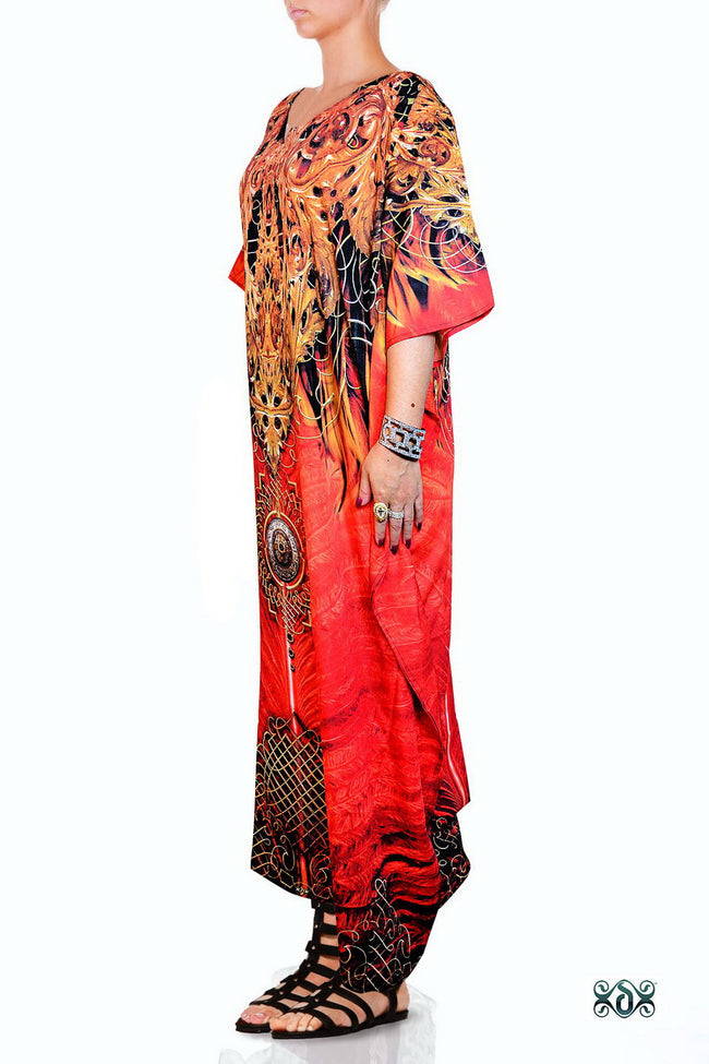 Devarshy Red Feather Decorative Digital print Long Embellished Kaftan - 1038 A , Apparel - DEVARSHY, DEVARSHY
 - 2