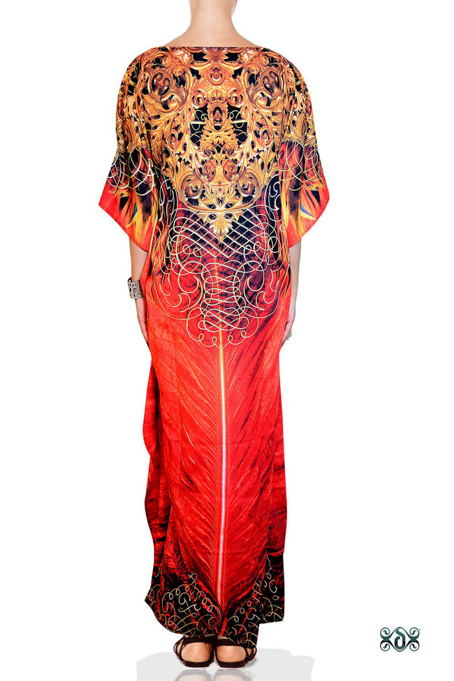 Devarshy Red Feather Decorative Digital print Long Embellished Kaftan - 1038 A , Apparel - DEVARSHY, DEVARSHY
 - 3