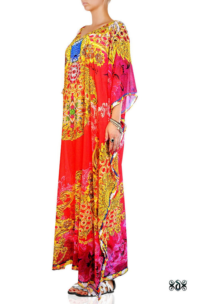 Devarshy Designer Scarlet Red and Golden Ornate Long Embellished Kaftan Gown -1067D , Apparel - DEVARSHY, DEVARSHY
 - 2
