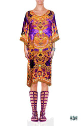 Ornate Violet Pure Silk Kaftan, Short Embellished Caftan, Short Silk Kaftan - 1068B