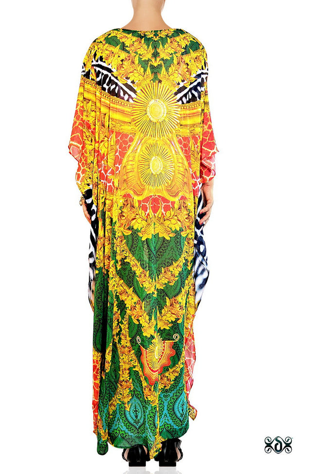 Devarshy Luxurious Green Animal Print Golden Ornate Long Embellished Designer Kaftan -1084B , Apparel - DEVARSHY, DEVARSHY
 - 3