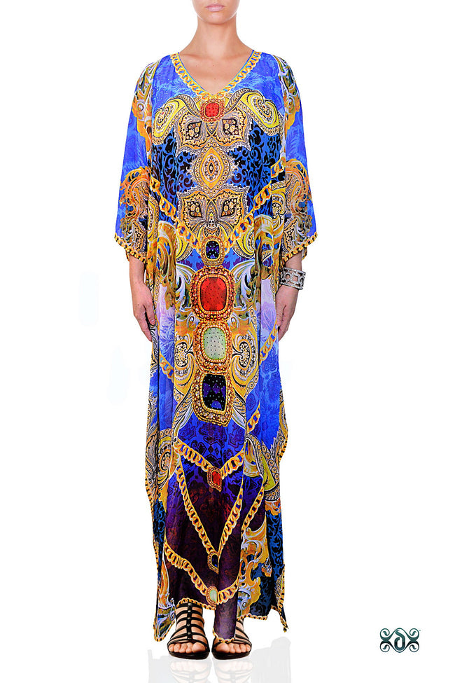 Devarshy Digital Print Blue Victorian Decorative Design Long Embellished Kaftan Dress - 1089A , Apparel - DEVARSHY, DEVARSHY
 - 1