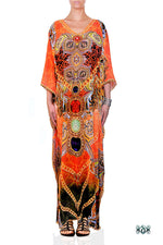 Devarshy Designer Bright Orange Decorative Digital Print Long Embellished Kaftan Maxi - 1089C , Apparel - DEVARSHY, DEVARSHY
 - 1