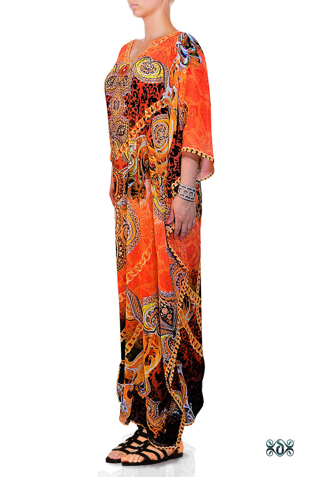 Devarshy Designer Bright Orange Decorative Digital Print Long Embellished Kaftan Maxi - 1089C , Apparel - DEVARSHY, DEVARSHY
 - 2
