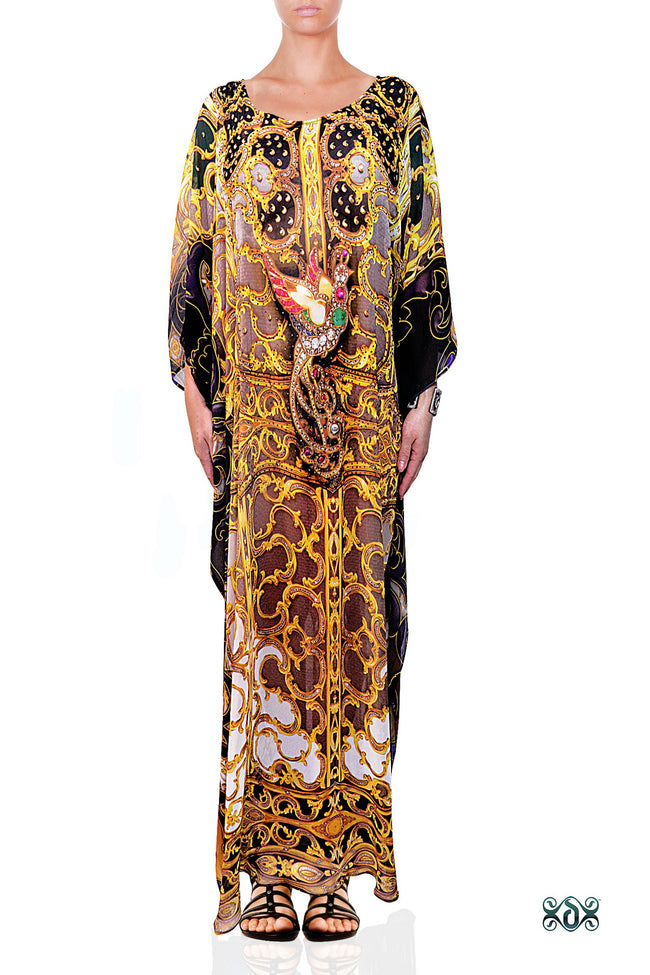 Devarshy Light Grey Digital Print Golden Adornment Long Embellished Designer Kaftan - 1104C , Apparel - DEVARSHY, DEVARSHY
 - 1