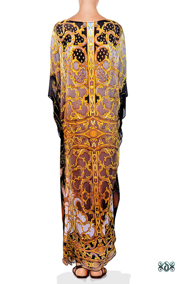 Devarshy Light Grey Digital Print Golden Adornment Long Embellished Designer Kaftan - 1104C , Apparel - DEVARSHY, DEVARSHY
 - 3
