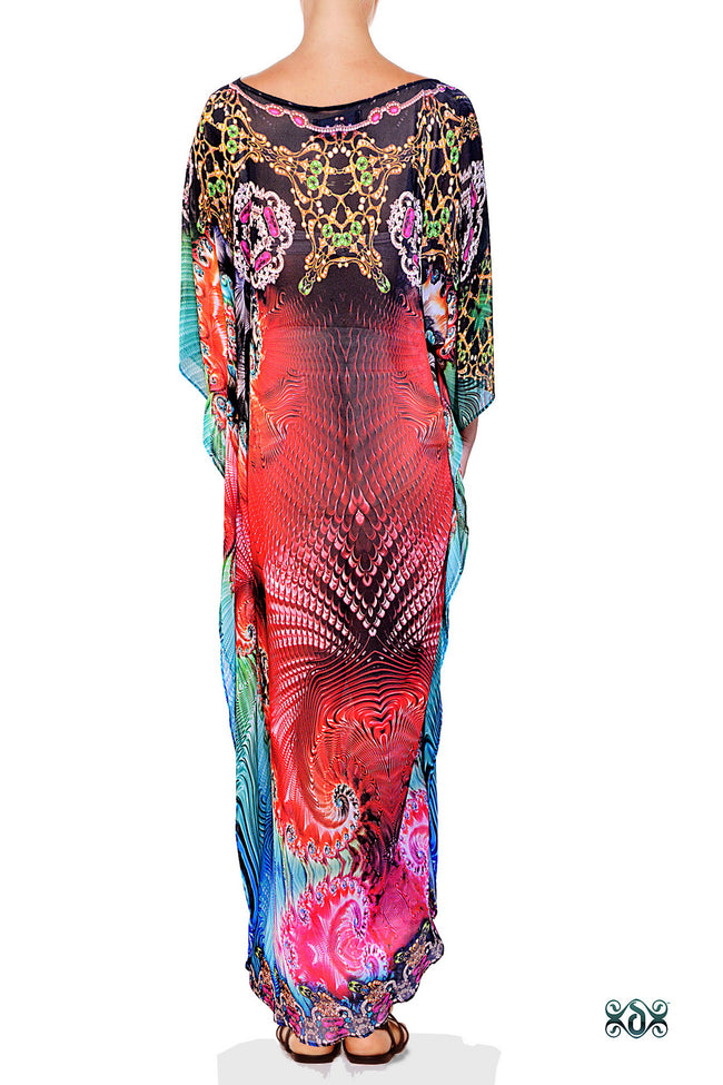 Devarshy Designer Vibrant Terranean Design Digital Print Long Embellished Kaftan Dress - 1106A , Apparel - DEVARSHY, DEVARSHY
 - 3