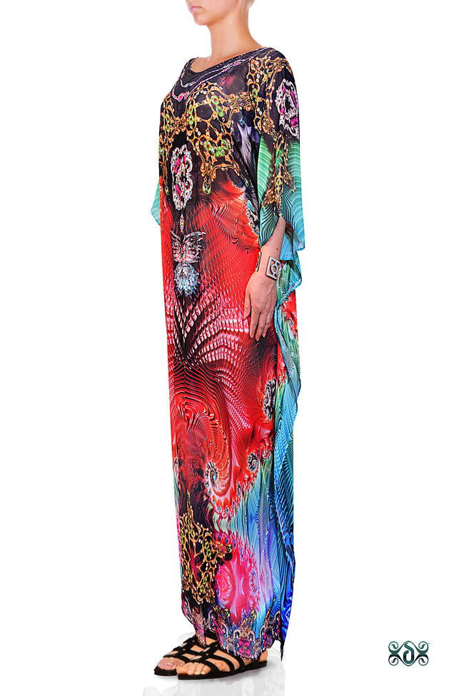 Devarshy Designer Vibrant Terranean Design Digital Print Long Embellished Kaftan Dress - 1106A , Apparel - DEVARSHY, DEVARSHY
 - 2