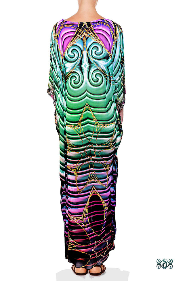 Devarshy Sea Green Digital Print Corals Design Long Embellished Designer Kaftan - 1107A , Apparel - DEVARSHY, DEVARSHY
 - 3
