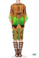 AURUM 79 Green Golden Ornate Devarshy Short Embellished Kaftan - 1116B