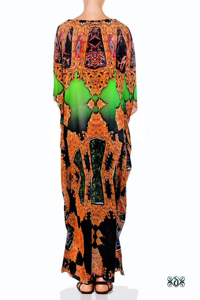 Devarshy Designer Bright Green Digital print Golden Decorative Long Embellished Kaftan - 1116 B , Apparel - DEVARSHY, DEVARSHY
 - 3