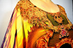 Yellow Scenic Long Kaftan, Crystals Embellished Caftan, Long Georgette Kaftan - 1128B