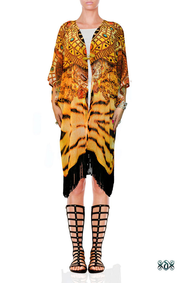 NATURE MORTE Luxury Tiger Print Devarshy Georgette Short Kimono Jacket - 0012