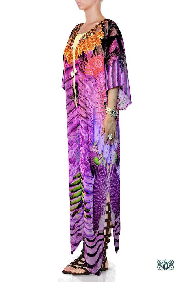 NATURE MORTE Purple Feathers Printed Devarshy Long Georgette Kimono Jacket - 1075B