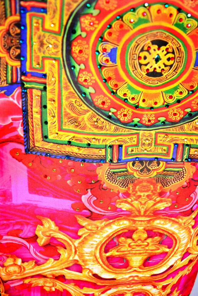 Devarshy Dazzling Pink Tibetan Painting Designer Short Embellished Kaftan Dress -1066A , Apparel - DEVARSHY, DEVARSHY
 - 6