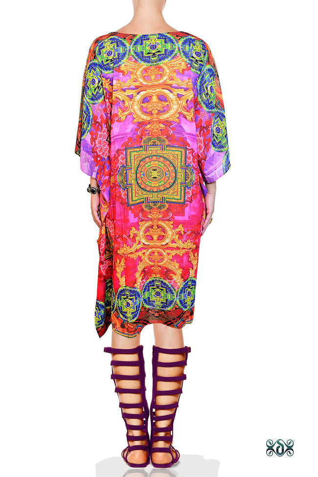 Devarshy Dazzling Pink Tibetan Painting Designer Short Embellished Kaftan Dress -1066A , Apparel - DEVARSHY, DEVARSHY
 - 3