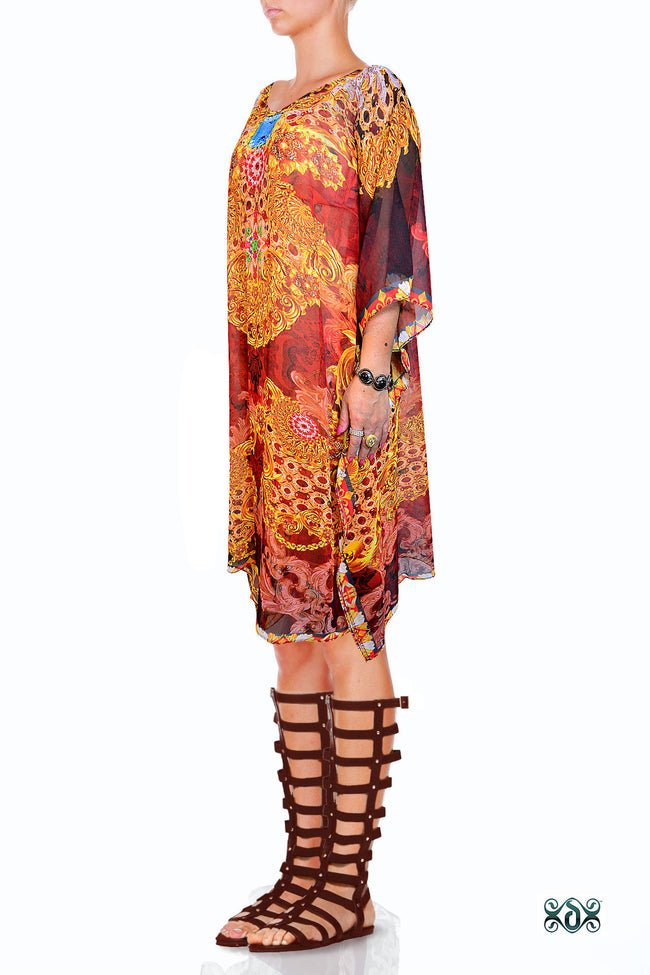 Devarshy Designer Brown Ornate Baroque Style Short Embellished Kaftan Dress -1067C , Apparel - DEVARSHY, DEVARSHY
 - 2