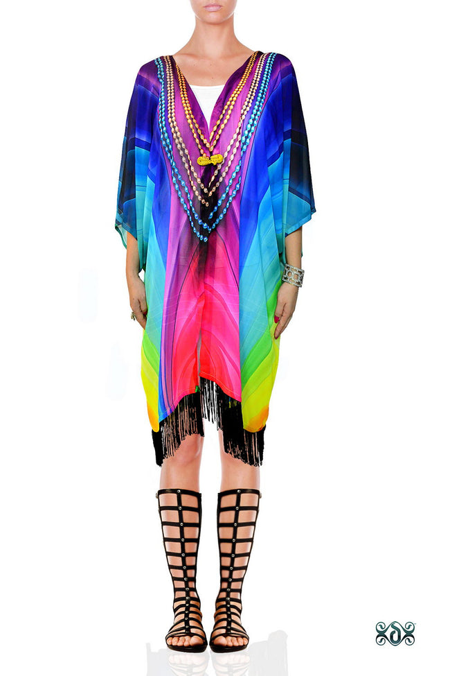 SPECTRUMANIA Vibrant Rainbow Devarshy Fringes Short Kimono Jacket - 003B