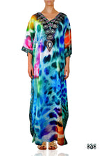 Devarshy Designer Animal print Turquoise Leopard Long Embellished Kaftan Dress - 006 , Apparel - DEVARSHY, DEVARSHY
 - 1