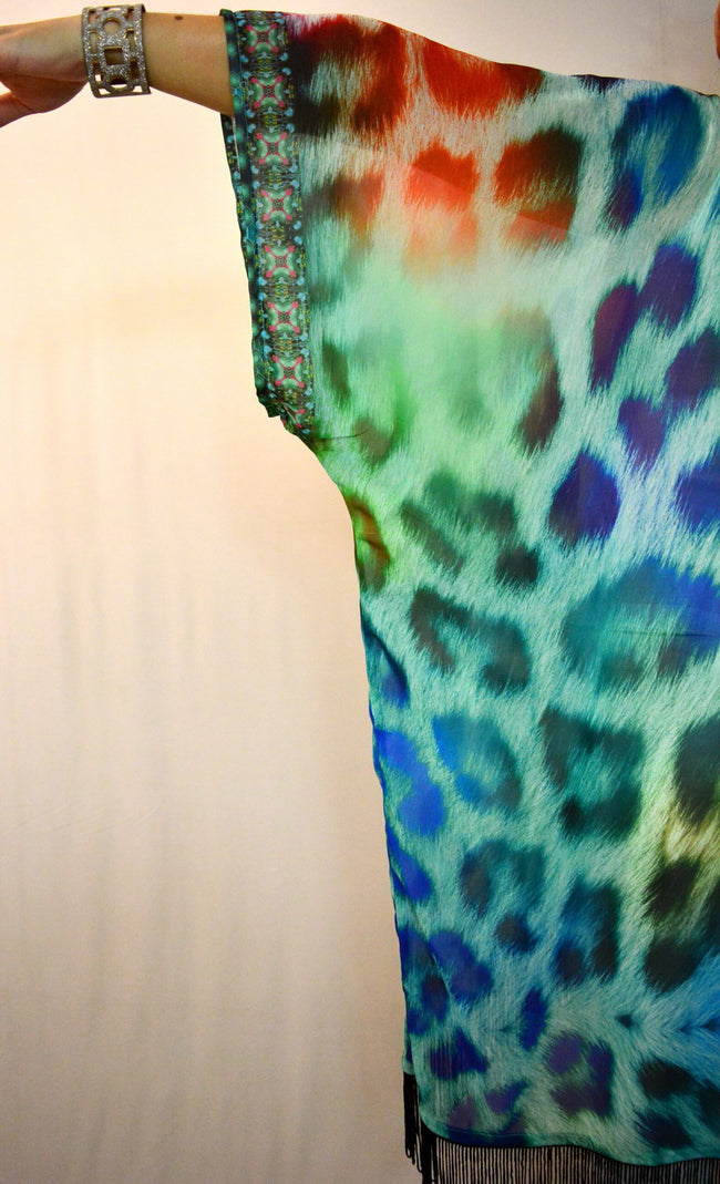 Devarshy Turquoise Leopard Animal Print Short Georgette Kimono Jacket - 006