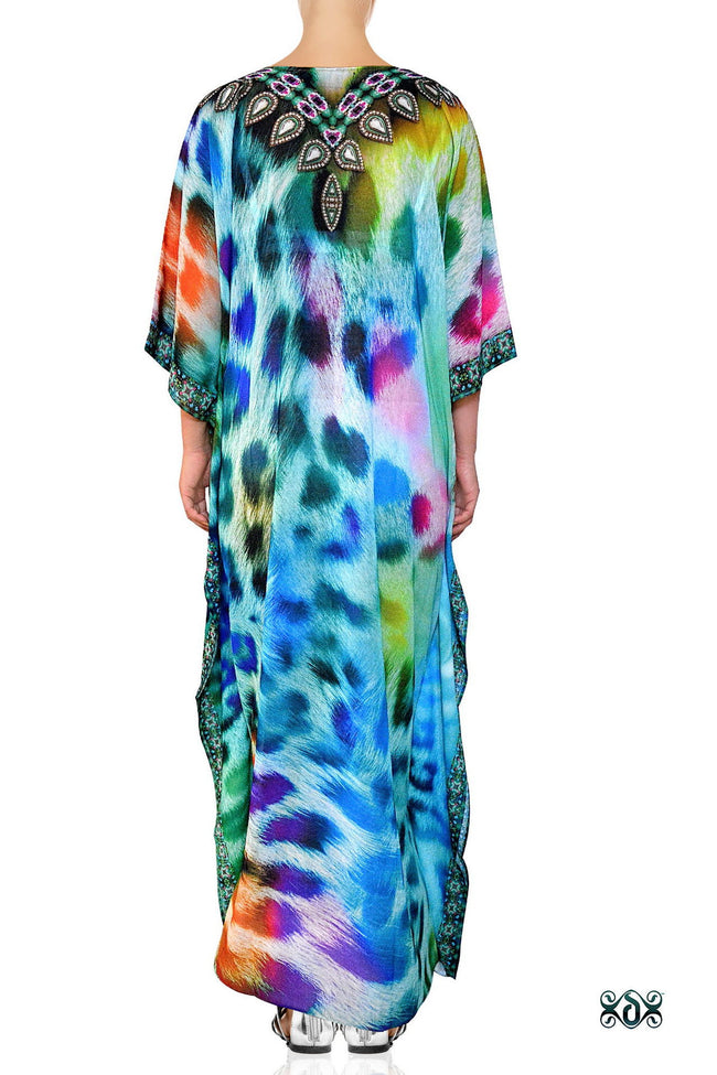 Devarshy Designer Animal print Turquoise Leopard Long Embellished Kaftan Dress - 006 , Apparel - DEVARSHY, DEVARSHY
 - 3
