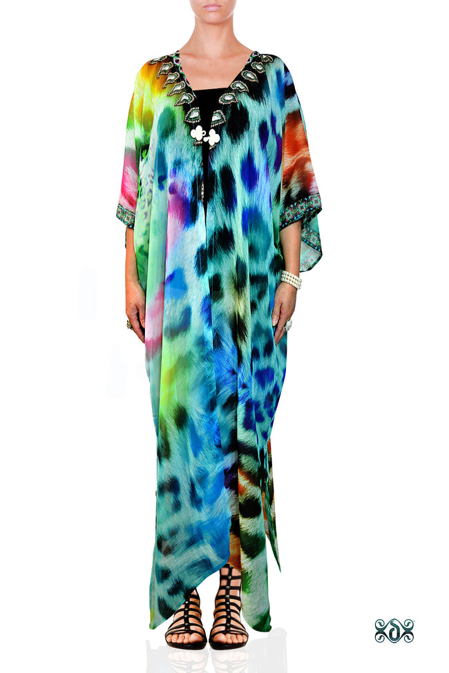 Devarshy Turquoise Leopard Animal Print Georgette Long Open Designer Kimono Jacket - 006