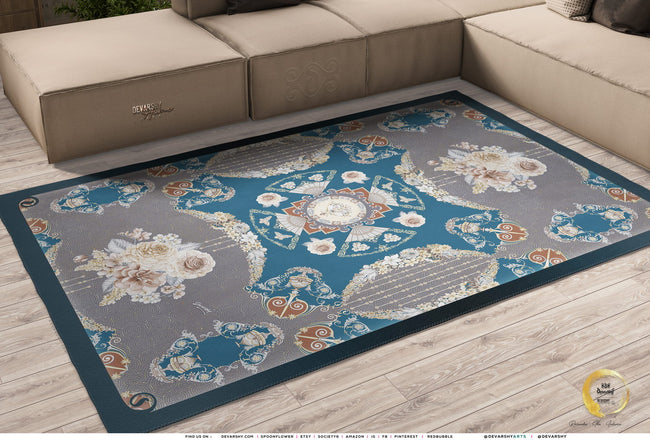 Teal Floral Print Area Rug Chenille Carpet Baroque Rug Available in 3 sizes | D20005