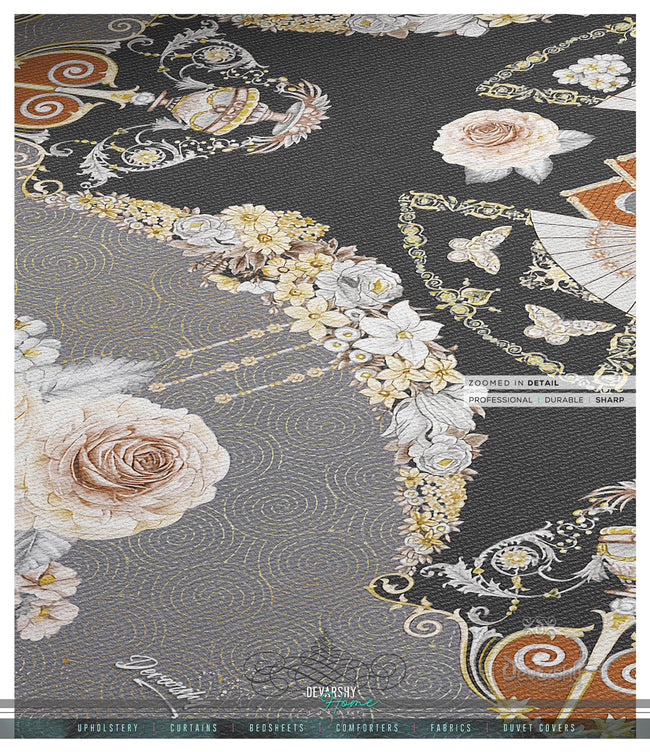 Black Floral Print Area Rug, Available in 3 sizes | D20006