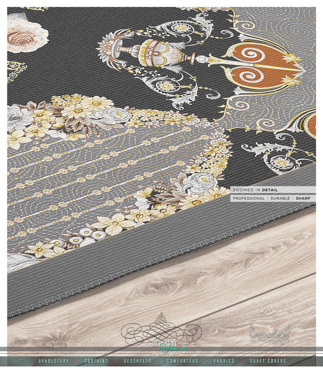 Black Floral Print Area Rug, Available in 3 sizes | D20006