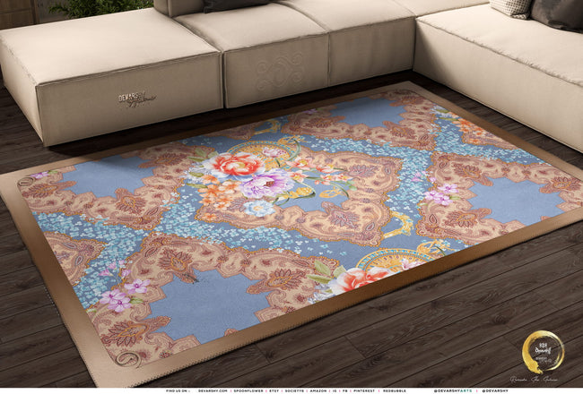 Sky Blue Florals Area Rug, Available in 3 sizes | D20013