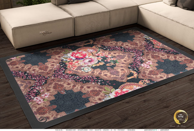 Dark Grey Florals Area Rug, Available in 3 sizes | D20015