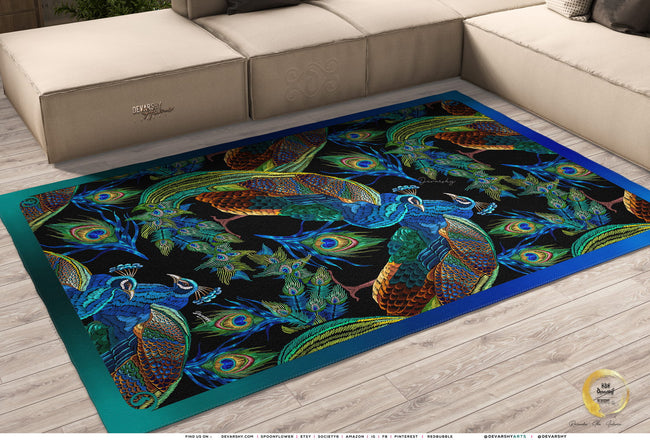 Peacock Print Area Rug Blue Peacock Carpet, Available in 3 sizes | D20029
