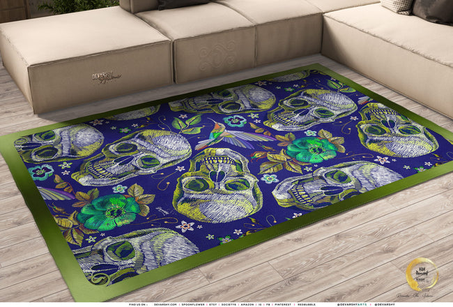 Skulls Blue Area Rug, Available in 3 sizes | D20046