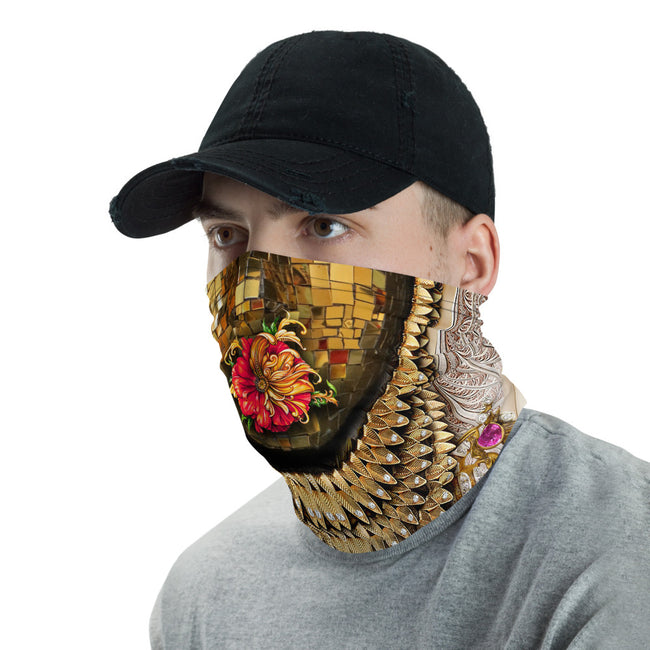 Golden Print Floral Neck Gaiter, Unisex Face Mask For Protection, Neck Tube/Face Cover, PF - 1091