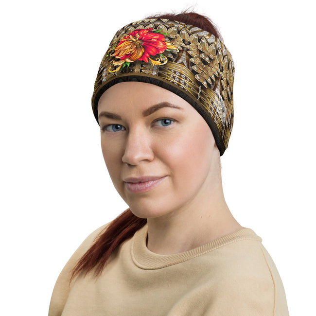 Golden Print Floral Neck Gaiter, Unisex Face Mask For Protection, Neck Tube/Face Cover, PF - 1091
