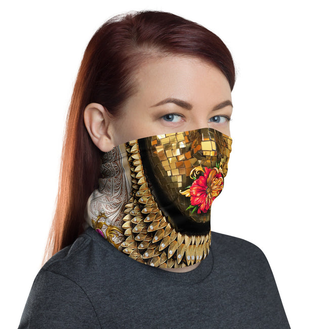 Golden Print Floral Neck Gaiter, Unisex Face Mask For Protection, Neck Tube/Face Cover, PF - 1091