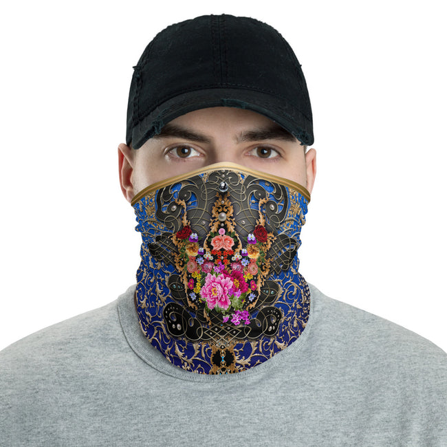 Royal Blue Floral Print Neck Gaiter, Printed Face Mask, Headband, Floral Face Cover, Unisex Neck Tube, PF - 11160