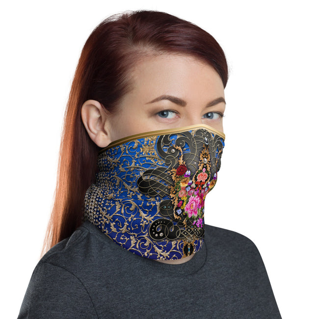 Royal Blue Floral Print Neck Gaiter, Printed Face Mask, Headband, Floral Face Cover, Unisex Neck Tube, PF - 11160