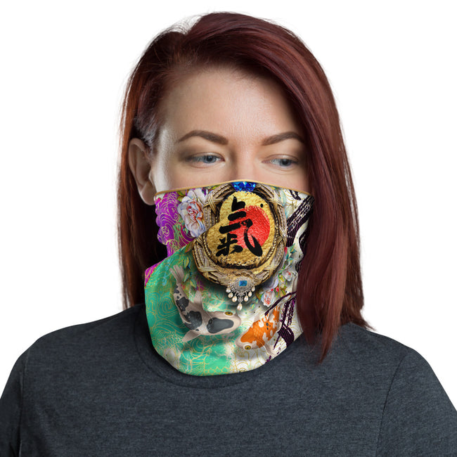 Japanese Zen Calligraphy Neck Gaiter, Koi Fish Face Mask - 11182