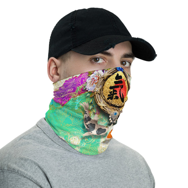 Japanese Zen Calligraphy Neck Gaiter, Koi Fish Face Mask - 11182